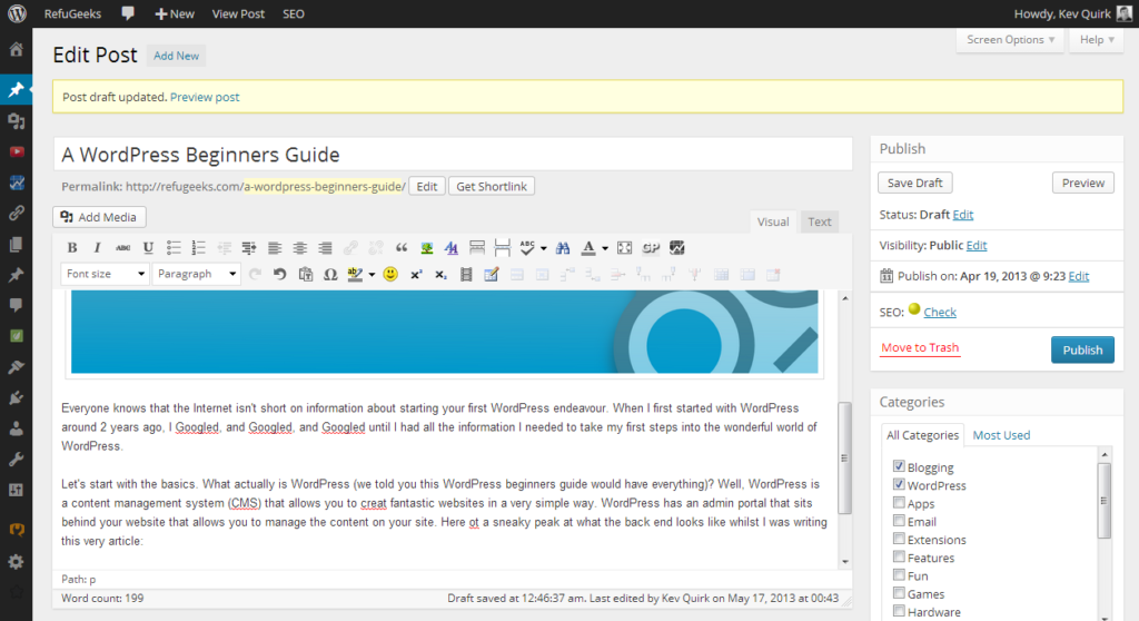 the wordpress backend editing screen